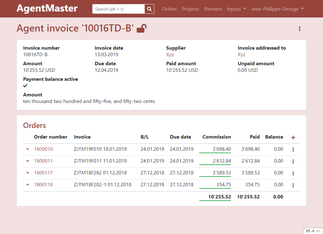 Agent invoice detail